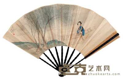 倪田 辛巳（1881年）作 柳溪仕女图 成扇 